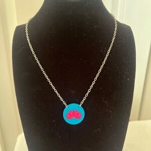 Silver Chain Necklace with Blue and Pink Lotus Pendant